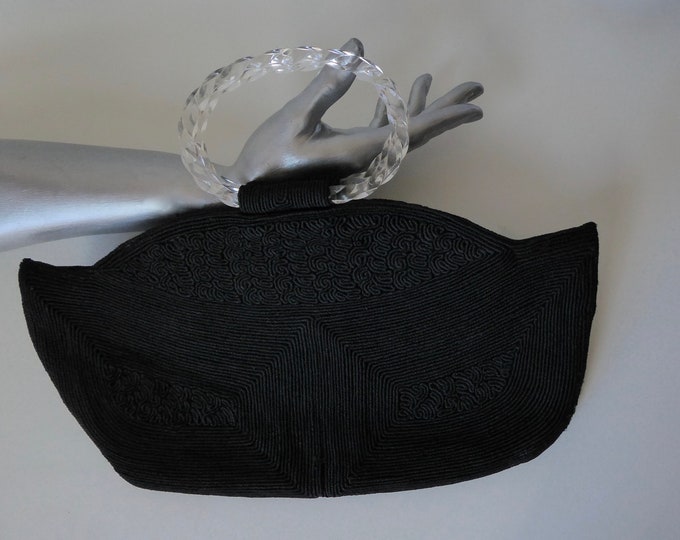 Genuine corded handbag by Luxor, black, oval handles, acrylic lucite, 1940