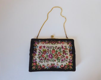 Black embroidered tapestry fabric handbag. Floral and rose pattern. 1930s. Vintage evening bag.