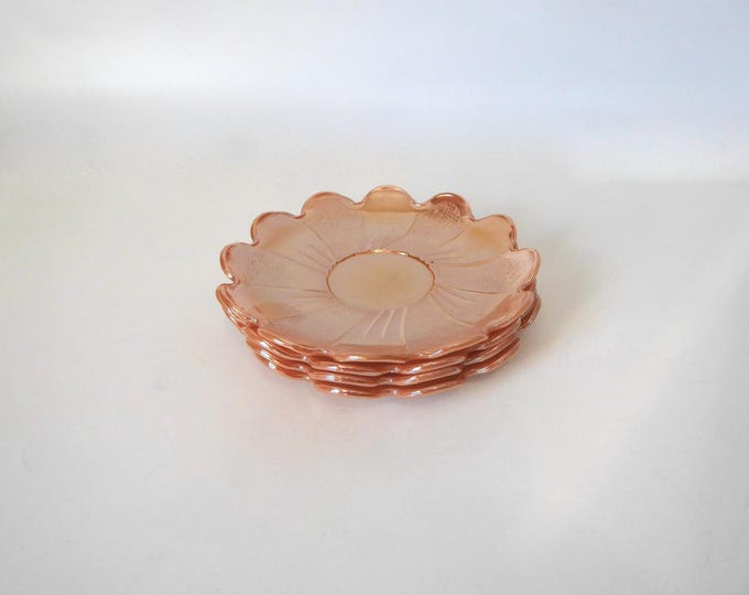 4 Fire King lotus flower peach-colored saucers. 1950. Vintage tableware.