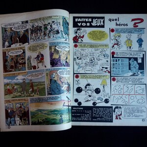 May include: A vintage comic book page with illustrations and text in French. The page features a puzzle with a grid and a question mark. The text on the page reads "Faites Vos Jeux" and "Quel Heros?"