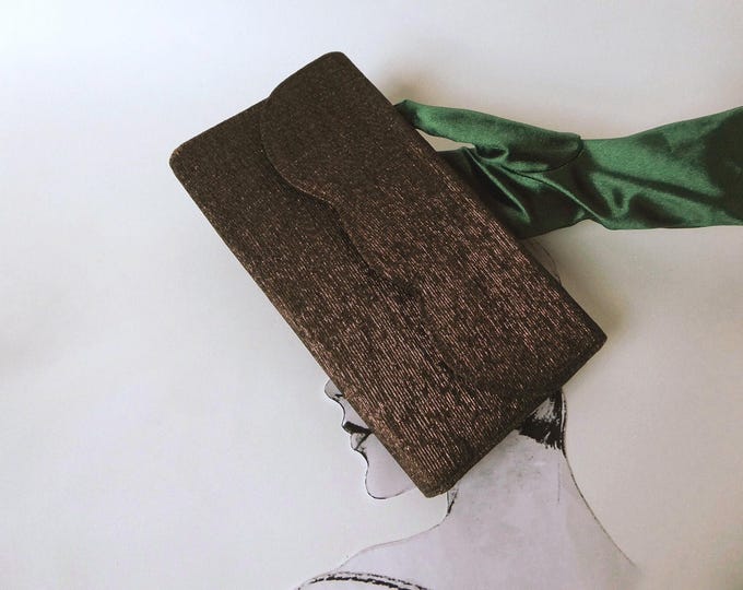 Crepe fabric clutch bag with lurex trim. Brown and bronze lurex handbag. 1950s. Handbag with back handle, suitable for a dance party.