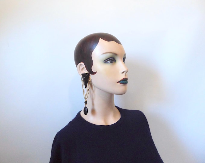 Oversized black plastic gold metal pendant clip. 1980. Vintage earring. Disco earring
