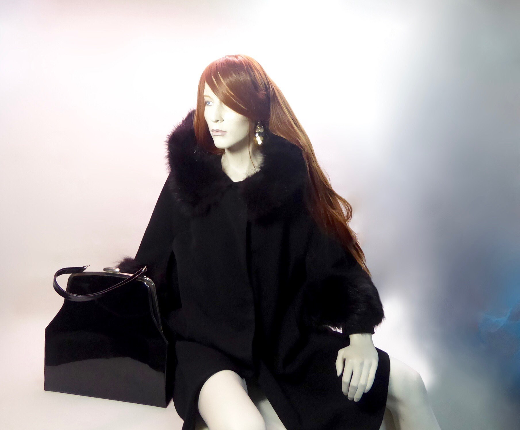 Vintage Black Cape Coat Late 1950 Gabardine Collar And Wrist Fur