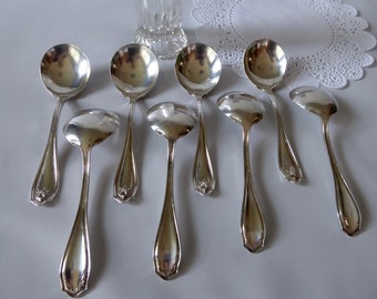 Lot of 8 antique ice cream spoons. 1910. Silver plated metal. WM.A.Rogers SXR. Art Deco glass. Kitchen utensil. Sorbet. Tableware