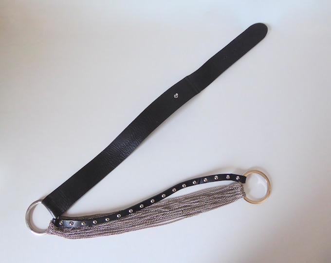 Punto Fibbia vintage studded black leather belt. Metal chain. Italy. 1990. Medium size.