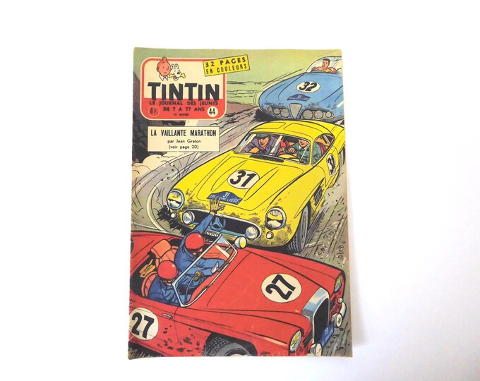 Tintin magazine. Belgian edition. October 30, 1957. 12th year. No. 44. Tintin sports cover. Vintage sports car.