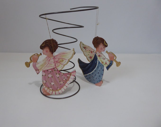 Vintage wooden Christmas angel. 1980. Hanging Christmas decoration. Christmas tree decoration. Cherub with trumpet.