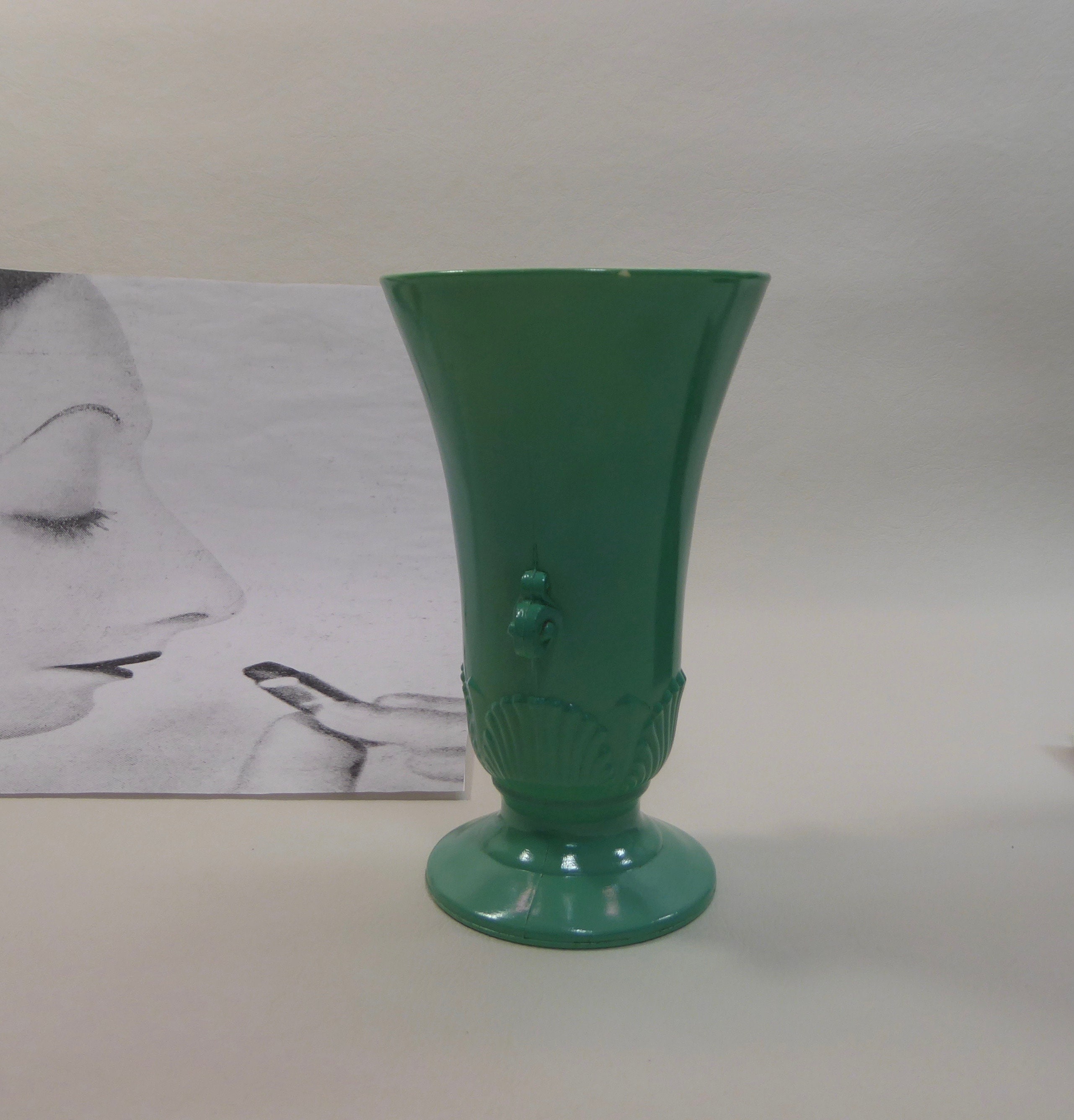 Mint Green Art Deco Vase Pressed Glass Depression Glass Late 1930 Flower Vase Decorative