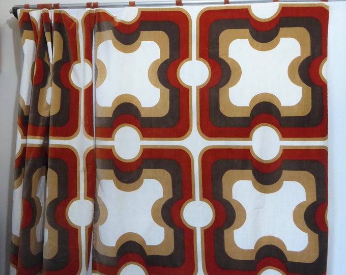 2 orange-brown velvet fabric curtains. Vintage wall hanging. Curtain geometric shape. Pop art fabric. 1970