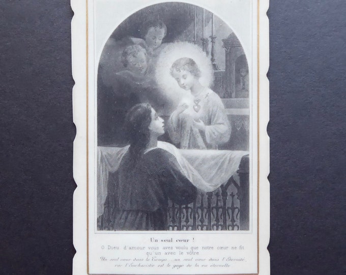 Religious celluloid souvenir card. First communion. 1905. Boumard et fils pontifical publisher. Pious image. Religious heritage