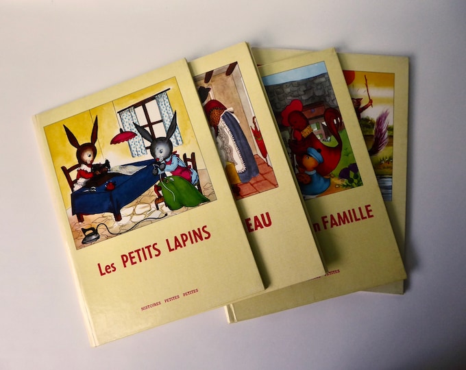 Little stories. 4 vintage books. Little rabbits. Chicks in family. The shy little duck. The mischievous little badger.