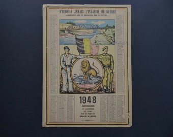 Military calendar 1948. Never forget the war invalid. Imp. Daubresse, Jumet. Belgium. Belgian flag. Belgian Lion. Resistance fighter. Soldier