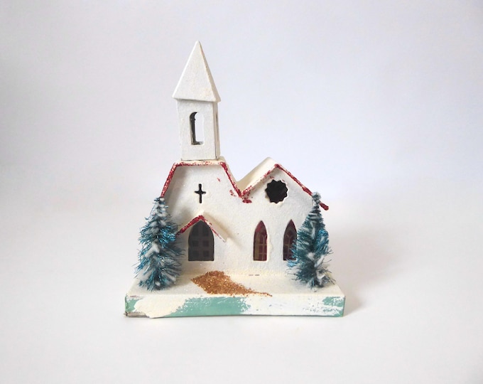Large vintage Putz house church. Japan. Christmas village. 1960s. Winter decor. Vintage Christmas. Christmas tree decoration.