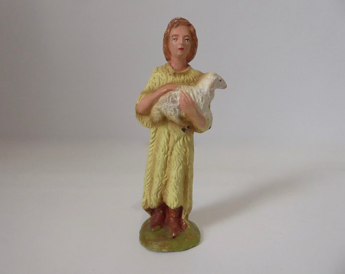 Vintage Christmas Shepherd with Lamb. Italy. Plaster composition. Hand painted. 1930. Vintage Santon. Christmas crib