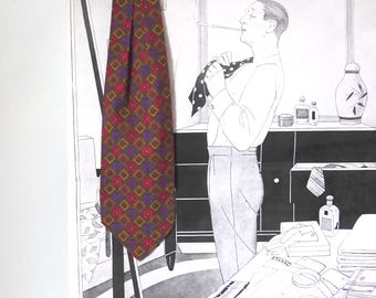 Olive green lavallière with a square pattern. 1970. Cotton polyester. Vintage Ascot.