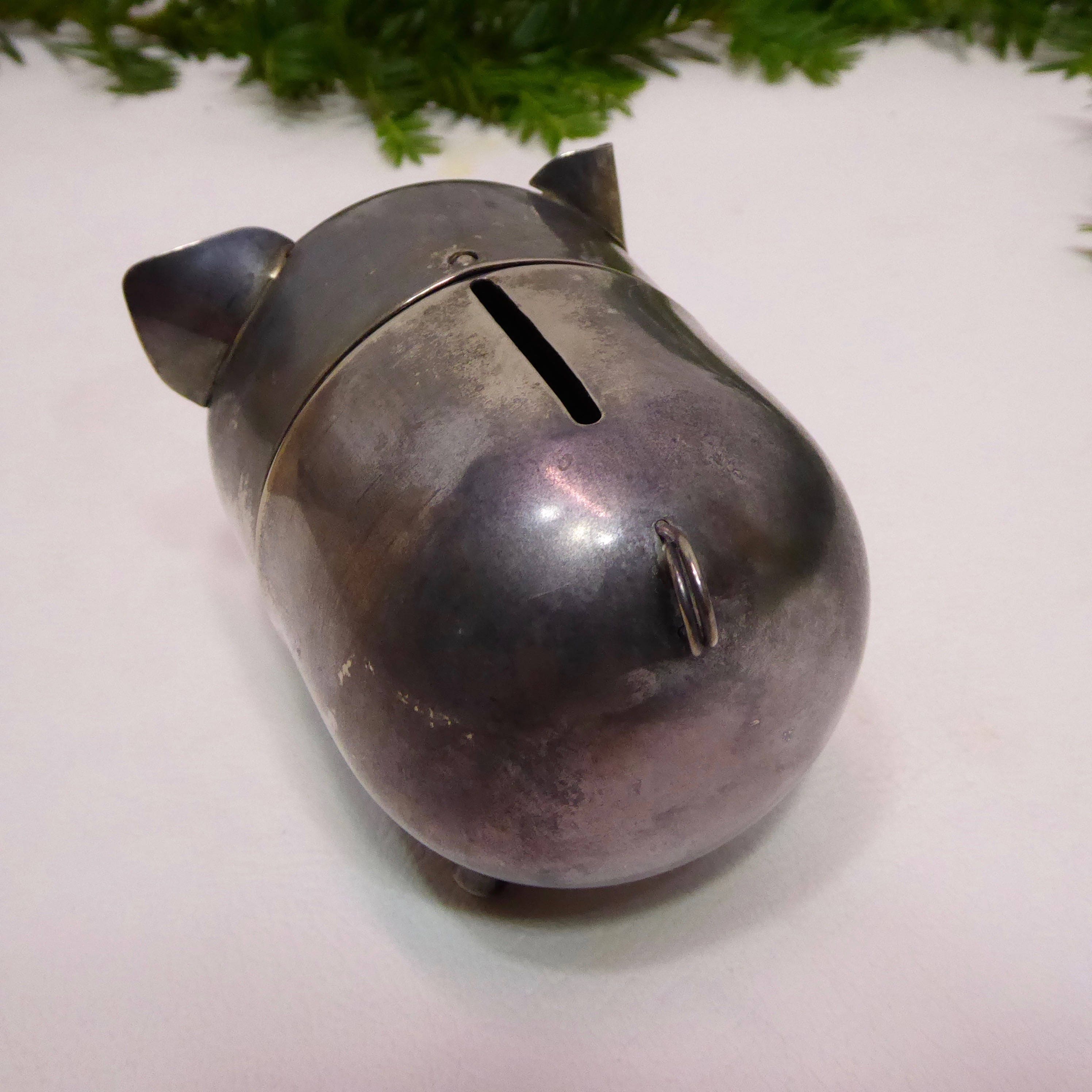 Metal pig bank. Vintage. Made in Hong Kong. Flat silver. 1970