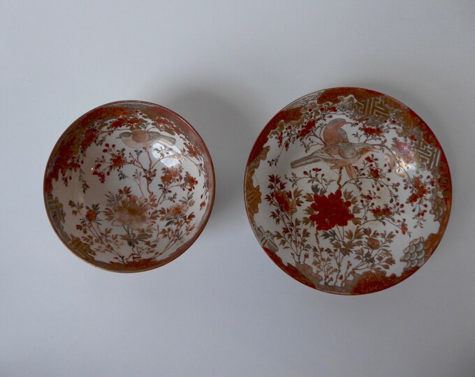 Kutani porcelain Meiji period. Bowl and saucer signed. Japan. Circa 1890. Burnt orange and gold eggshell porcelain. Hand painted.