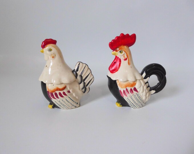 Hen and rooster set. Salt shaker, pepper shaker, milk jug, sugar bowl. Japan. 1950.