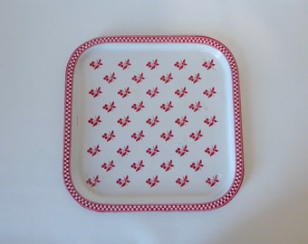 Metal serving tray with checkerboard pattern and red cherry. Made in England. 1950