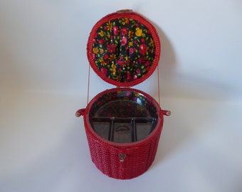 Vintage red lacquered wicker sewing basket with handle. 1960s.