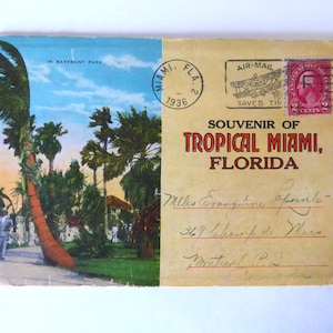 Souvenir of Tropical Miami, Florida. 1936. Made in USA. Timbre Washington 2 cents.