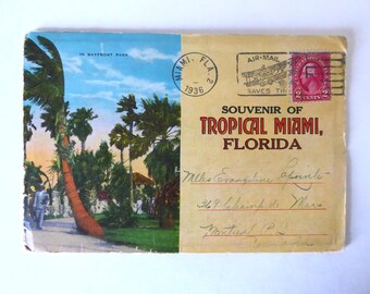 Souvenir of Tropical Miami, Florida. 1936. Made in USA. Washington 2 cent stamp.