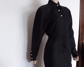 Black linen blouse dress Claude Montana. Paris. 1980. New wave mode. New wave clothing.