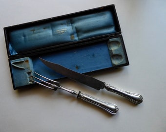 Victorian cutting service with case. Fork and silver plated knife. Klein-Glitschka.