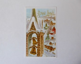 Lot of vintage Happy New Year cards with gold paint reflections. M.D. Paris. 1970. M. Cooper kitten. Vintage greeting card.