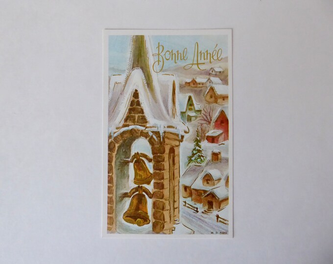 Lot of vintage Happy New Year cards with gold paint reflections. M.D. Paris. 1970. M. Cooper kitten. Vintage greeting card.