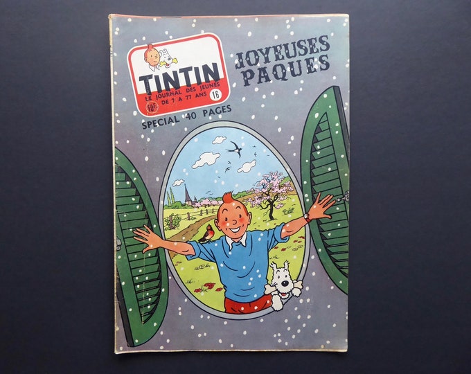 Tintin Journal. Happy Easter. Hergé. Belgian edition. 12th grade. April 17, 1957. N.16. Tintin Easter game. Vintage comic.