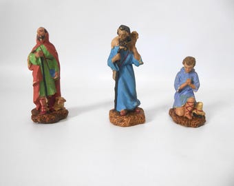 Lot of 3 vintage plaster shepherds. Hand-painted. 1950. Nativity scene figurines.
