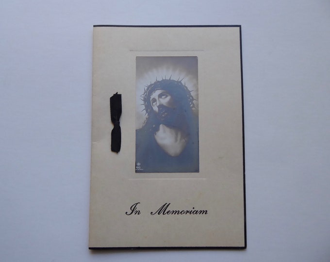 Funeral card. In Memoriam. 1950. Photogravure Jesus Christ. Sympathy card. Condolences. Religious heritage.