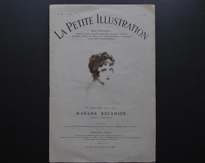 La Petite illustration. 9 Juin 1928. No 385. Madame Récamier. Marie Bell. Revue cinéma vintage. Film muet. Film historique. Napoléon.