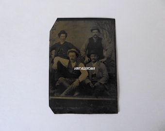 Ferrotype of 4 seated men. Victorian era. 1890. Metal photograph.