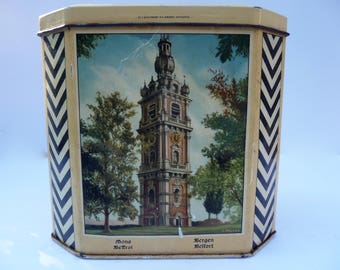Vintage metal coffee box F. Rombouts. J. Schuybroek. Hoboken. Antwerpen. belfry. castle. arms. Advertising.Advertisement.