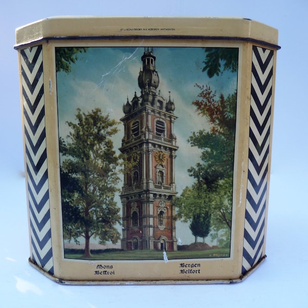 Vintage metal box coffee F. Rombouts. J. Schuybroek. Hoboken. Antwerpen. Belfry. Castle. Arms. Advertising.Advertising.