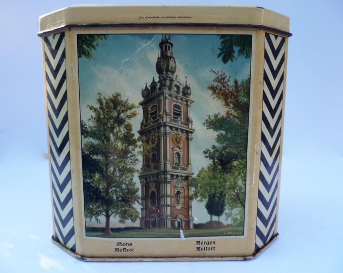 Vintage metal box coffee F. Rombouts. J. Schuybroek. Hoboken. Antwerp. Belfry. Castle. Coat of arms. Advertising. Publicity.