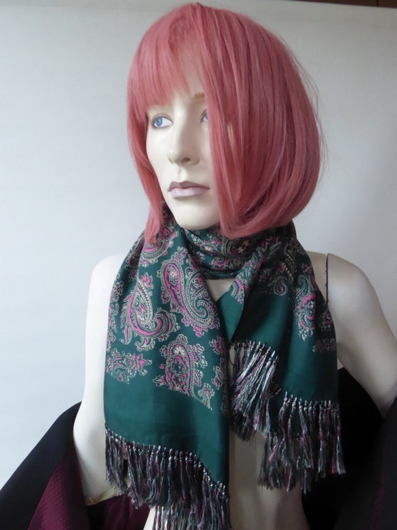 Pink and green paisley scarf. Hand-blocked silk En