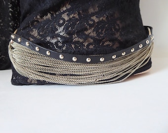 Punto Fibbia vintage studded black leather belt. Metal chain. Italy. 1990. Medium size.