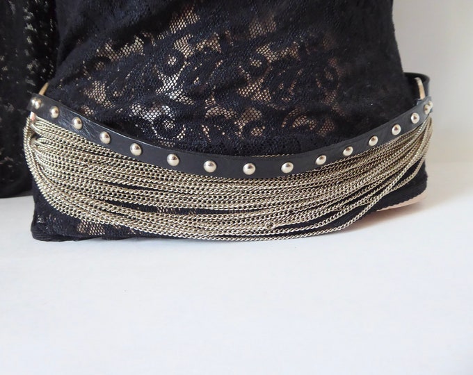 Punto Fibbia vintage studded black leather belt. Metal chain. Italy. 1990. Medium size.