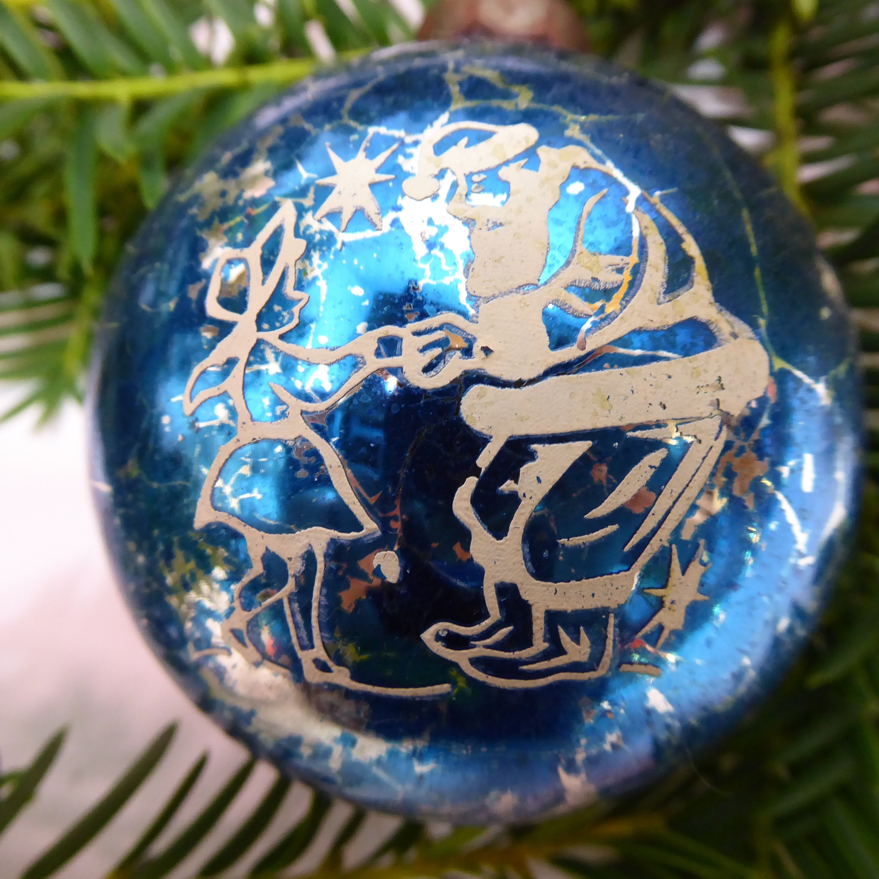 Boule De Noël Vintage Verre Soufflé Bleu Père Noël Cadeau