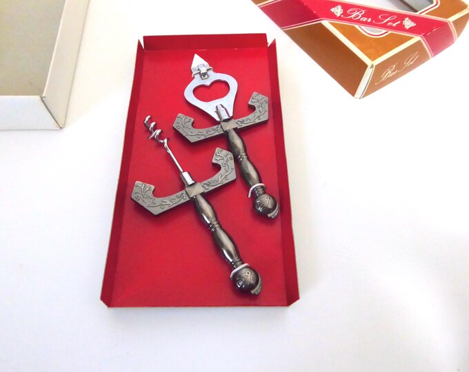 Set of 2 vintage knight-style bar tools. Bottle opener and corkscrew. Japan. 1970. Mid-century bar utensils.