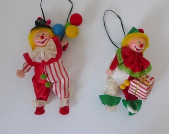 Vintage Christmas clowns. 1980. Christmas decoration to hang. Homemade Christmas tree decoration.