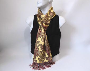 Ivory, gold, burgundy, and black paisley scarf. Scarf Brill by Hand Fringed. 1960.