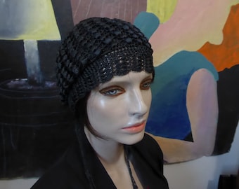 Crocheted black cloche bonnet. Boudoir. Knock. 1920s influence