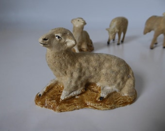 Lot of vintage Christmas sheep. Hand-painted. 1930s. Plaster. Christmas figurines. Antique Christmas crib sheep. Vintage animals. Christmas figurine. Nativity scene