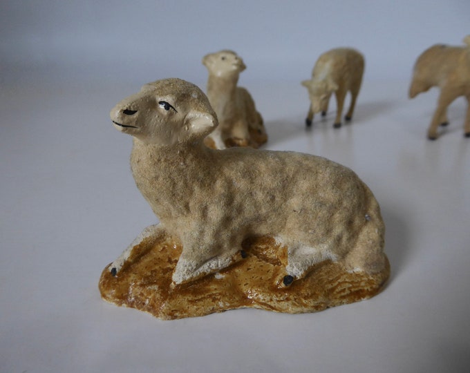 Lot of vintage Christmas sheep. Hand painted. 1930. Plaster. Santons. Sheep Antique Christmas crib. Vintage animals. Christmas figurine. Nativity