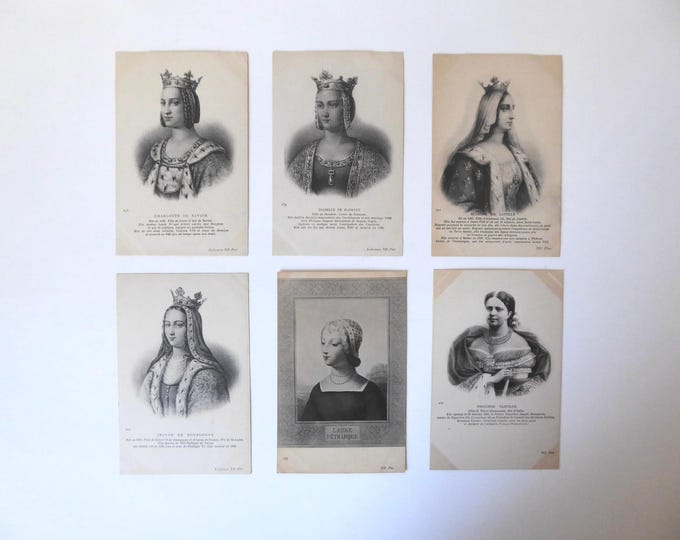 Lot of postcard portraits of queens and princesses. Circa 1905. Blanche of Castile. Joanna of Burgundy. Laura Petrarch.