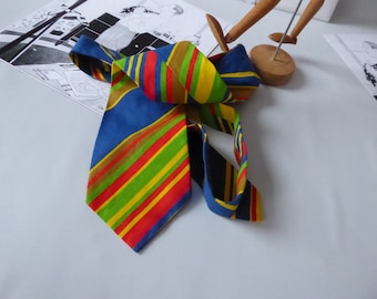 Stylized, medium-sized, multi-colored tie, unisex vintage style. Cotton canvas. Diagonal stripes for pride. Tie-colluphilia. Unisex